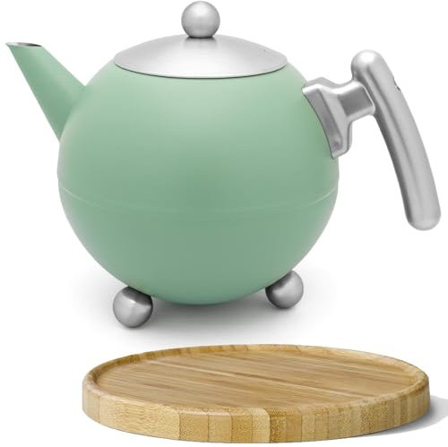 Bredemeijer große grüne Edelstahl Teekanne 1.2 Liter doppelwandig - pastellfarbene isolierende Kanne mit braunem Holzuntersetzer - längerer warmer Teegenuss