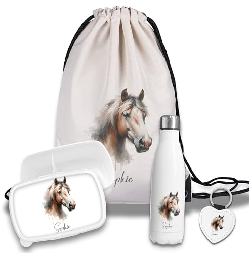 timalo Kinder Schulset Brotdose, Trinkflasche, Turnbeutel personalisiert mit Namen | Set Wasserflasche Edelstahl | Lunchbox mit Trennwand | Geschenk zur Einschulung & Kindergarten | 13 - Pferd