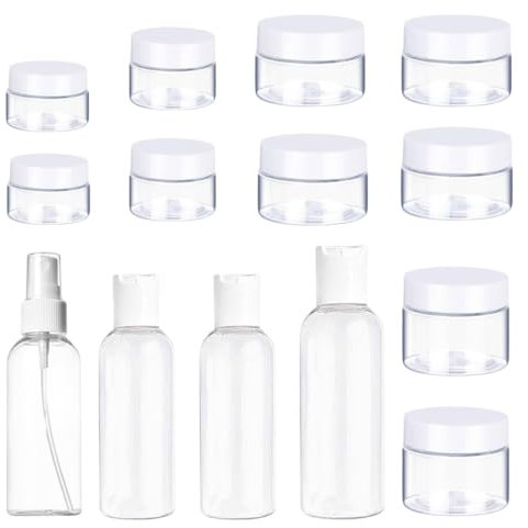 13pc Travelling Toiletry Set - 1 Pump Bottle, 1 Spray Bottle, 2 Easy Squeeze Bottles, 6 Jars and a Zip Up Storage Bag, Hand Luggage Cosmetic Containers, Holiday Toiletries Bottles, Refillable