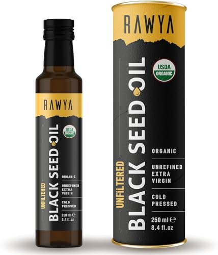 RAWYA Organic Black Seed Oil - Cold Pressed - Turkish Origin - Black Cumin - Kalonji - Nigella Sativa Supplement with Omega 3, 6, 9 - Hair Growth & Skin Support - Mild Taste - 250 ml - Pack of 1