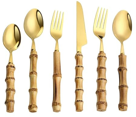 Juego de cubiertos de bambú para 12, 72 piezas, juego de cubiertos dorados de acero inoxidable 18/8, juegos de cubiertos con mango de bambú natural, juegos de cubiertos para utensilios de cocina para
