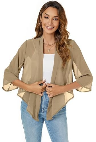 Famrrifuu Femme Boléro Court Gilet Léger Manches 3/4 Boléro Cardigan Élégant Veste Courte Mousseline de Soie,Kaki,L