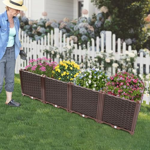 Begoniape Blumentopf Hochbeet, 156 * 39 * 38cm Pflanzkübel Gartenbeet aus Kunststoff, Blumenhochbeet mit Durchsichtigen Wasserstopfen, Braun Blumenkasten Groß Außen