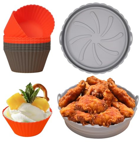 Moule Silicone Air Fryer Accessoire, 1 Pièces Moule Silicone Air Fryer et 12 Pièces Moule Muffins Silicone pour Airfryer Réutilisable Panier Friteuse à Air Chaud Plat Pot Ronde Pliable Doublure Liner