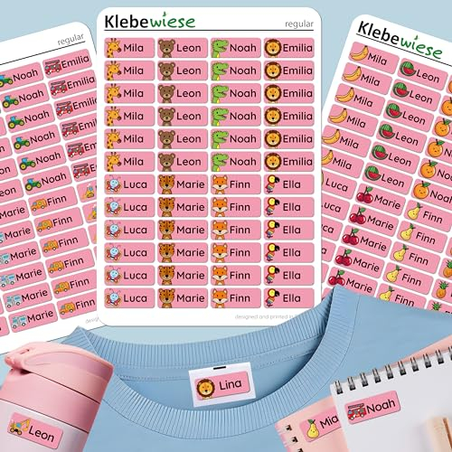 Klebewiese® - Namensaufkleber für Kinder (48 Stück) - Kleidung und Gegenstände - waschmaschinenfest und personalisiert (Farbe: Rosa)