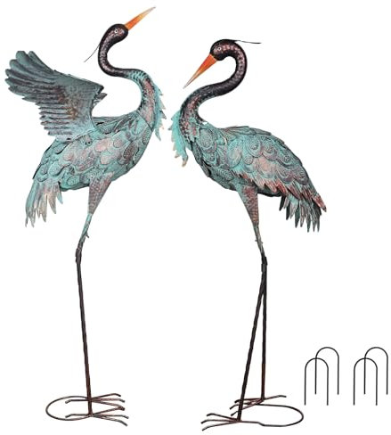 YEAHOME Garden Decor Outdoor Statues, 38/36 Large Metal Heron Standing Yard Art, Blue Crane Lawn Sculptures Garden Decor for Outside Patio Porch Backyard, Set of 2