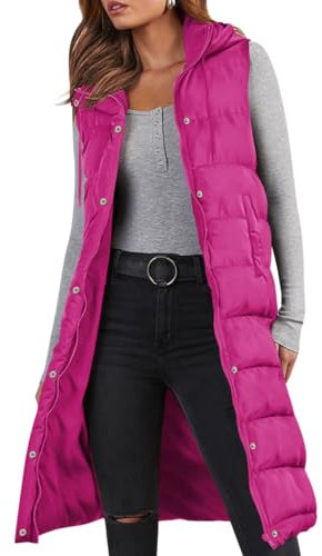 Minetom Gilet Femme Chaud Doudoune sans Manche Veste Longue Hiver Manteau Zippé avec Capuche Parka Matelassé Blouson avec Poche A Rose XL