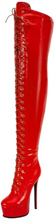 MANYUBEI Cuissardes pour Femmes, Bottes Longues À Lacets sur Le Devant Cuissardes À Plateforme Haute Talon Aiguille Grande Taille Bout Rond Fermeture Éclair Latérale, 15 Cm/5,90 Pouces, 42 EU, Red