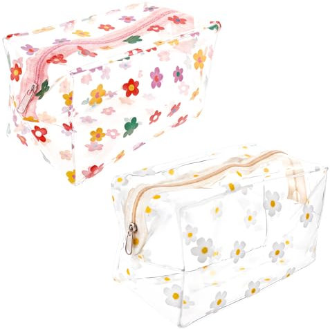 Giantree 2 Stück Blumen Kosmetiktasche, Kulturbeutel, Transparent Make up Tasche mit Reißverschluss Reise Kosmetiktasche für Damen Mädchen wasserdichte Kulturbeutel für Urlaub Reisen Badezimmer