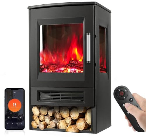 Izrielar Elektrokamin mit Heizlüfter, Wandkamin Elektrisch mit heizung, Kamin elektrischer WiFi App Fernbedienung, 900/1800W LED-Flammeneffekt Kaminfeuer mit Thermostat, Panorama-Sichtfenster Timer