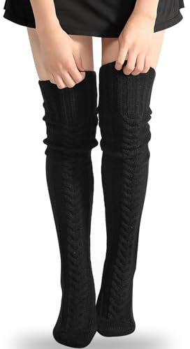 Overknee Strümpfe, Lange Kuschelsocken Damen Strick, Warme Kuschelsocken Lange Kniestrümpfe, Grobstrick Thermosocken für Winter, Überknie Weihnachtssocken in Schwarz, Dicke Trachtenstrümpfe für Frauen