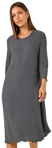 Roman Textured A-Line Stretch Midi Dress for Women UK - Ladies Autumn Everyday Winter Holiday Round Neckline Comfy 3/4 Sleeve Soft Jersey Frock Warm Cozy Gowns - Grey - Size 14