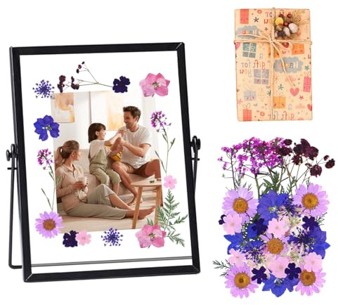 HyzaPhix Bilderrahmen für Gepresste Blumen, Blumenrahmen Fotorahmen Pressed Flower Frame für Gepresste Blumen, Pflanze Probe, Foto, Geschenke für Frauen (Schwarz 15x20cm + lila Getrocknete Blumen)