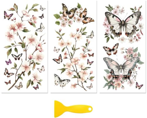 Peacoblue UV DTF Rub-On Transferfolie Möbel-Sticker Pfirsichblüten und Schmetterlinge 15x30cm, 3 Stk. Wasserfeste Deko-Transferaufkleber für Möbel Glas Porzellan Wäscheschränke Kommoden Kunststoff