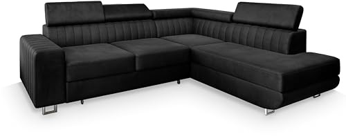 Masseno Ecksofa NOLA R-S mit Schlaffunktion L-Form, Klassisch Sofa mit Bettkasten, Wohnzimmersofa, Couch, Soffa, Bettsofa, Couchgarnitur - Schwarz, Monolith 95