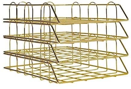 4 Stück Metall Dokumentenregal, A4 Mesh Ablagefächer Stapelbar Lagerregale, Platzsparend Bürobedarf Dokumentenablage für Dokumenten Akten Kosmetika, Gold, 30 x 24.5 x 5cm