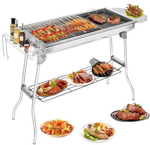 Sorlpv Holzkohlegrill Edelstahl, 100 x 33 x 71cm, Tragbarer Klappgrill mit Antihaft-Pfanne, BBQ Grill XXL, 5-10 Personen Verwendung, Kohlegrill Outdoor für Camping Picknick Garten Party