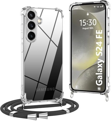 OLEPHY Handykette für Samsung Galaxy S24 FE 5G Hülle mit Band, Schwarz | Necklace Hülle mit Band, Handyhülle zum Umhängen, Soft Transparent Case mit Kordel, Stoßfeste Schutzhülle,