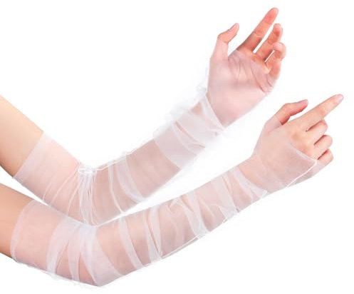 Tucnoeu 1 Paar Netzhandschuhe Lange Handschuhe Damen Prinzessin Hochzeit Weiß Fingerlose Ellenbogenhandschuhe für Braut und Besondere Anlässe, Einheitsgröße