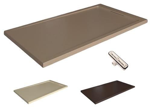 VAROBATH | Plato de ducha de resina STYLE - Resina con relleno mineral y textura pizarra antideslizante C3 - Incluye válvula de desagüe y rejilla oculta (MOKA RAL1019, 90X160)