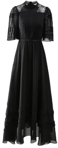 Women's O-Neck Retro Solid Color Mesh Embroidery Pleated Swing Mid-Length Dress Black XXL(14)