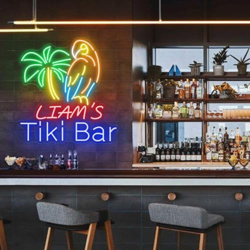 Xusdamyj Personalisiertes Tiki Bar Schild, Papagei Palme Dekor, Palme Tiki Bar LED Licht personalisierte Geschenke Man Cave Pub Dekoration