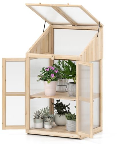 GOPLUS Serre de Jardin avec Cadre en Bois, Serre à 2 Niveaux avec Toit Ouvrant, 2 Étagères Amovibles, Porte Double Verrouillable avec Poignées, Armoire de Culture de Plantes pour Jardin, Balcon