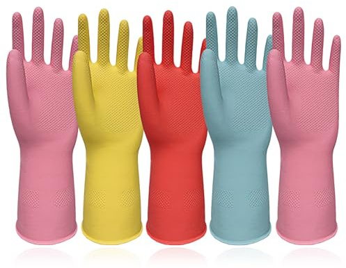 Washing Up Gloves 5 Pairs Heavy Duty Household Rubber Cleaning Gloves Large | Multi-Color Task Sorting Natural Rubber Non-Slip Grip Waterproof Dishwashing Glove for Kitchen Bathroom