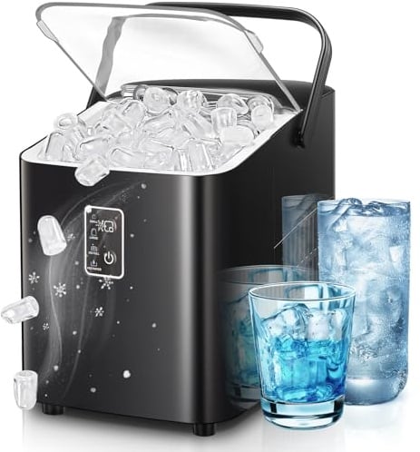 FOHERE Macchina per il ghiaccio, ghiaccio in 5 minuti, 14 kg in 24 ore, mini macchina del ghiaccio autopulente, 2 dimensioni di ghiaccio per cucina, ufficio, bar e feste, maniglia facile (Nero Scuro)