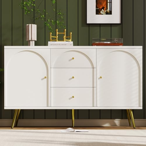 FammyLoft Sideboard with 2 Doors and 3 Drawers, Wooden Storage Cabinet with Adjustable Shelf, Storage Units for Living Room, Entryway, Hallway, 140 x 40 x 84 cm, Cream White