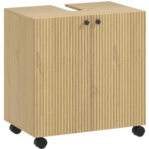 HOMCOM Waschbeckenunterschrank mit Rolle 60 x 39,8 x 62 cm Naturholz | Unterschrank, Soft-Close Türen, Höhenverstellbare Ablage, Badezimmerschrank, Waschtischunterschrank, Badschrank