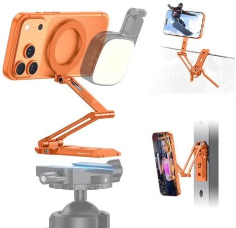 OMOTON TP06 Pro Magnetisches Handystativ, 112 g Aluminium Selfie-Stick | Magnet-Rückseite für Kühlschrank, Gym & Metall, 360° Drehbar, 1/4-Gewinde & Arca, für iPhone 17/16/15 Pro Max Air, Orange