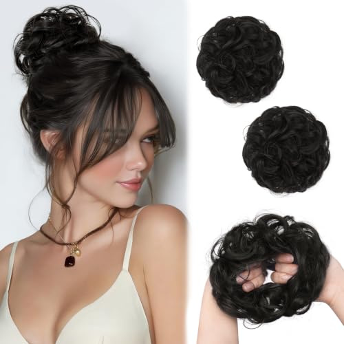 Sofeiyan 2PCS Messy Bun Haarteil mit Gummiband,Schwarzbraun | Gelockt Dutt Haarteil,Synthetische Messy Bun Haar Tousled Updo Haarteile für Frauen Alltag Hochzeit