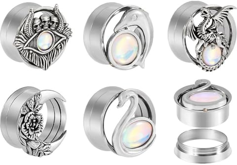 1 Pair Stainless Steel Ear Tunnels Plugs - 8-25mm | Double-Flared Swan & Dolphin Design with White Sparkling Film | Secure Inner Tooth Ear Stretching Jewelry​(Swan,14mm)