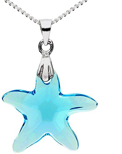 Löb 925 Silber Kette Seestern Stern Kristall Stein Anhänger Blau Hellblau Damen Kinder Mädchen Halskette Silberkette Türkis Aqua Sternchen