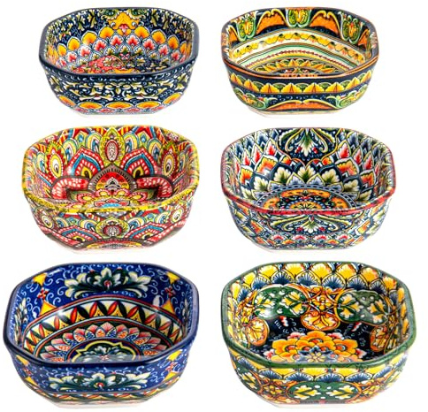 Henten Home Dipschalen Porzellan, Snackschalen & Dipschalen/Quadratische Schüssel 6er - 240ml, Appetizer-Platten/Bunte Schalen für Snacks, Dessert - Bohemian Style