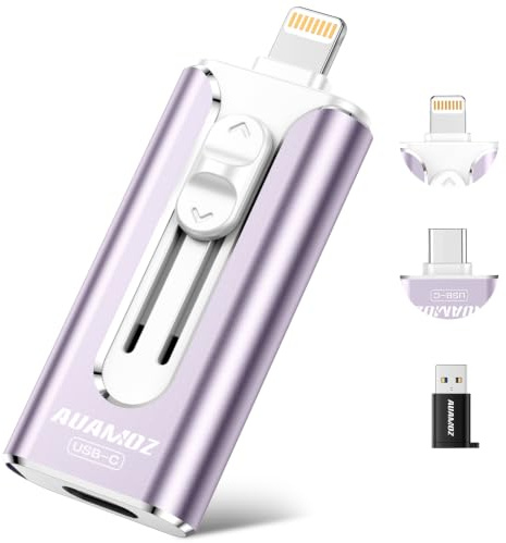 AUAMOZ 256GB Mini Dual Interface Flash Drive, Keine App Erforderlich, Tragbarer Speicherstick Kompatibel mit iPhone, iPad, Android & PC, Einfache Speicherung für Fotos, Videos & Dateien, Lila