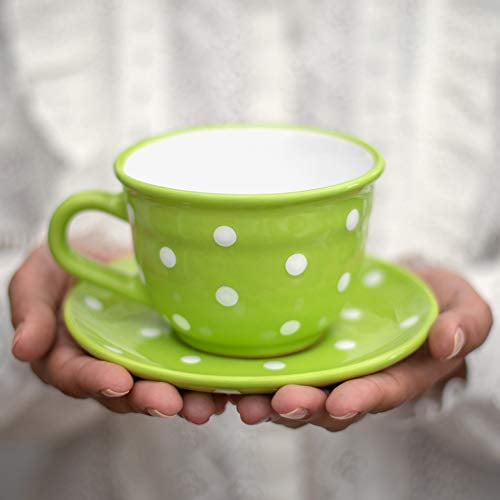 City to Cottage - Keramik Kaffebecher Teetasse 350 ml, Grün und Weiß Polka Dots, Handgemacht Kaffeetasse mit Untertasse, Cappuccino Tasse