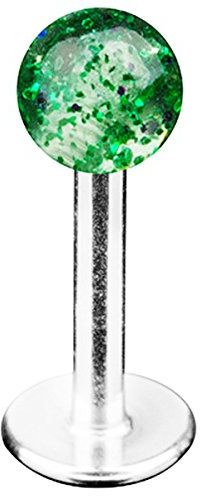 Piersando Piercing Barbell mit Glitzer Kugel Lippe Lippenpiercing Ohr Tragus Ohrpiercing Helix Silber Grün 1,2mm x 8mm x 3mm