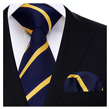 HISDERN Herren Krawatte Gestreifte Hochzeit Krawatte & Einstecktuch Set Gelb & Navy & Schwarz
