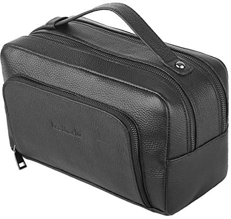 Leathario Kulturtasche Leder XXL Kulturbeutel aus Rindsleder wasserdichte Kosmetiktasche mit Tragegriff für Damen Herren Schwarz1