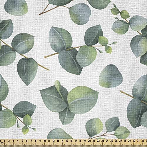 ABAKUHAUS Blatt Stoff als Meterware, Aquarell Eucalyptus Kunst, Microfaser Multi Zweck Dekostoff für Kunsthandwerke, 3M (230x300cm), Hellbraun Weiß Grün