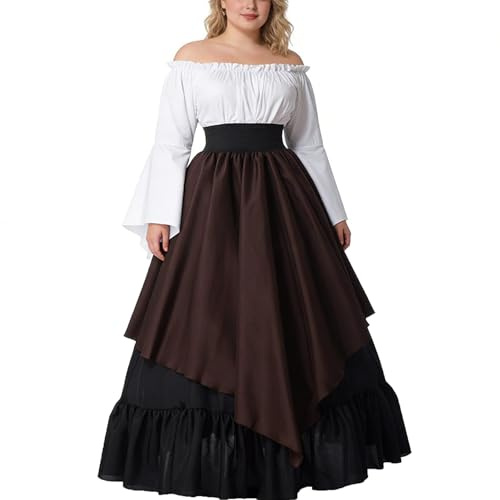 BPURB Damen Mittelalter Kleidung Renaissance Kostüm Kleid Trompete Ärmel Viktorianische Kleider (Hemd und Rock mit Petticoat)