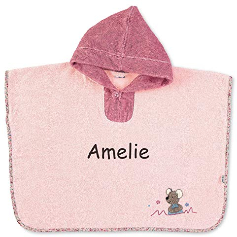Sterntaler Mabel Bade Poncho mit Namen bestickt für Baby & Kinder, Badetuch, Badeponcho, Kapuzenbadetuch, Handtuch mit Ärmeln und Kapuze, 100% Baumwolle Mädchen Rosa