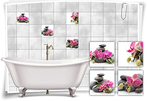 Medianlux Fliesen-Aufkleber SPA Wellness Orchideen Blüten Steine Blätter Pink Grau Bad WC Deko Digitaldruck Sticker, 15x15cm fp5p327q-99335