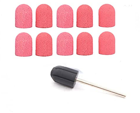 16mmx25mm Sanding Bands Caps Drum Mandrels Electric Nail Drill Polisher Sand Manicure Pedicure Tool(1 Mandrel+10 Sanding Cap - Pink)
