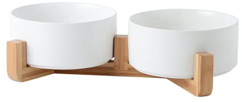 SP SEMPRE + Bols pour chiens et chats en céramique relevés avec supports en bambou, bols relevés en céramique avec supports en bois (doubles 15,5 cm, blanc)