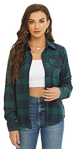 Ietaoo Karierte Bluse Damen Karohemd Langarmshirt Casual Boyfriend Hemd Oberteile Button Down Hemdbluse Plaid Shirt Top Grün Navy L
