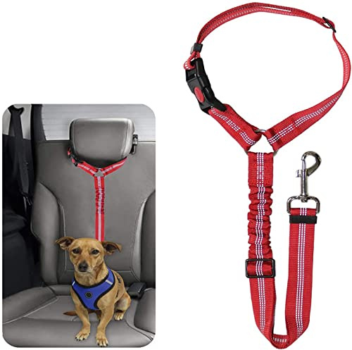 Dog Car Harness - Dog Seat Belt Adjustable - Headrest Dog Car Seat Belt Restraint Puppy - Elastic Pet Dog Seat Belt harness - Strong Leads Harness for Dogs Cats and Pets (MAIN) (RED)