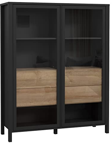Newroom Vitrine Schwarz und Riviere Eiche Vitrinenschrank Modern - 121,3x152,3x40,2 cm (BxHxT) - Glasvitrine Standvitrine Glasschrank - [Onate.Seven] Wohnzimmer Wohnstube